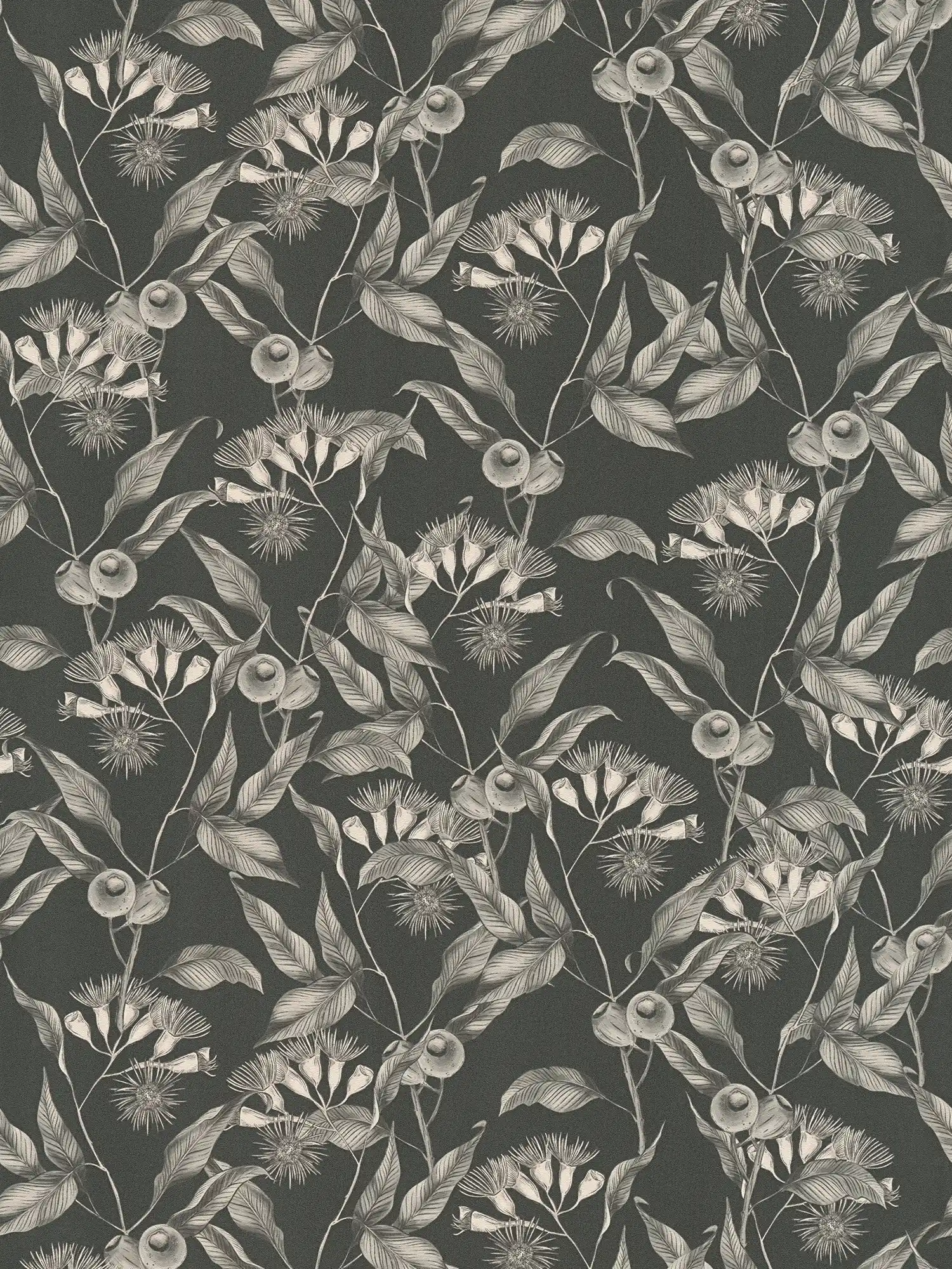 Modern wallpaper floral with leaves & flowers textured matt - black, white, grey
