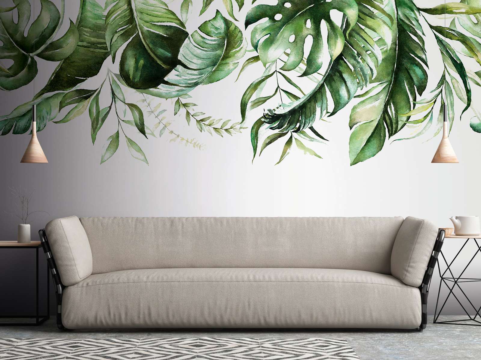             Mural de pared con zarcillos de hojas tropicales en una pared - Verde, Blanco
        