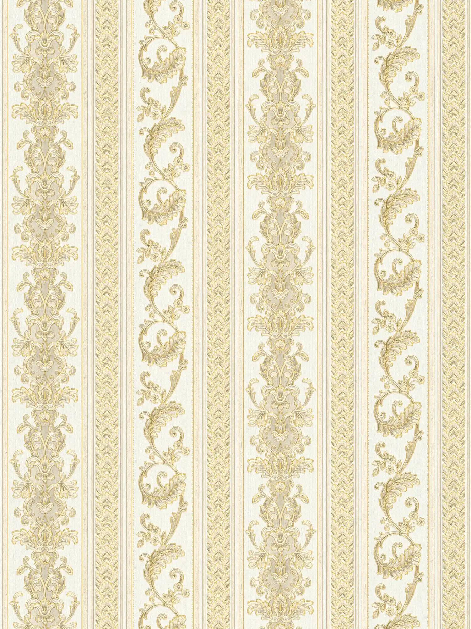 Carta da parati a righe barocche con motivi ornamentali - Crema, oro
