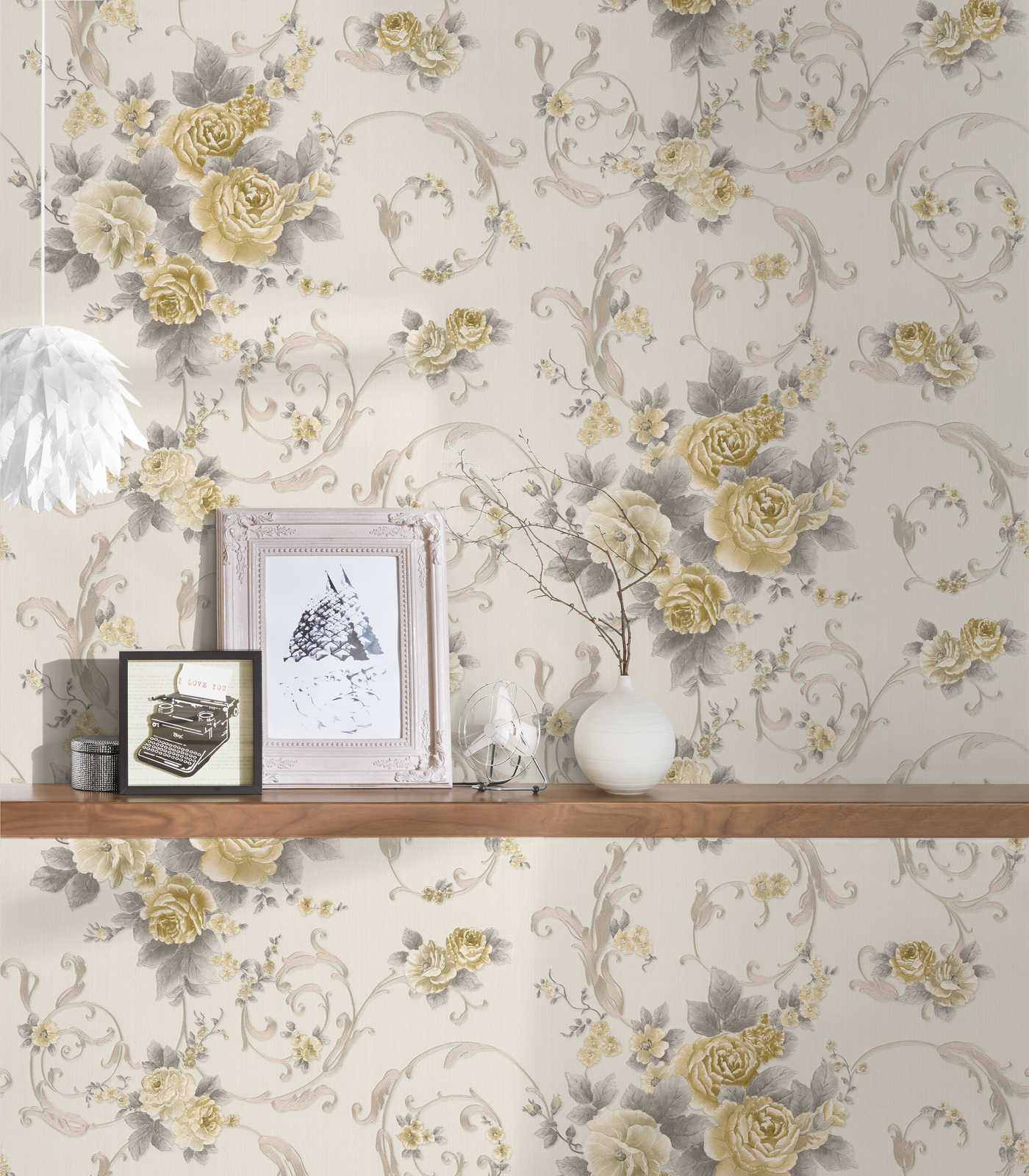             Rose petal wallpaper with metallic effect in country style - grey, gold, white
        