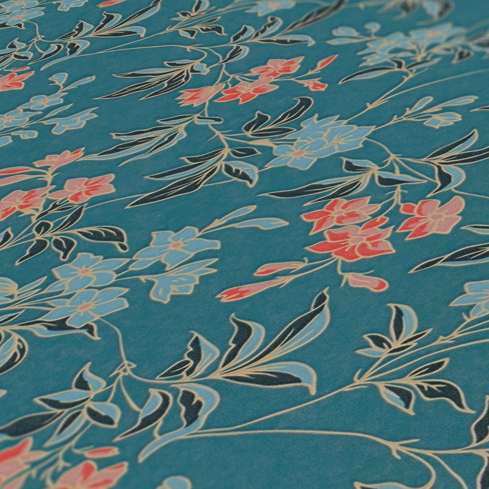             Flower tendrils non-woven wallpaper in English style - blue, red, yellow
        
