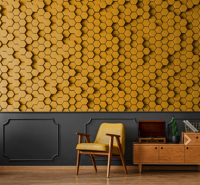             Honeycomb 1 - 3D-behang met geel honingraatmotief in viltstructuur - Geel, Zwart | Premium glad vlies
        
