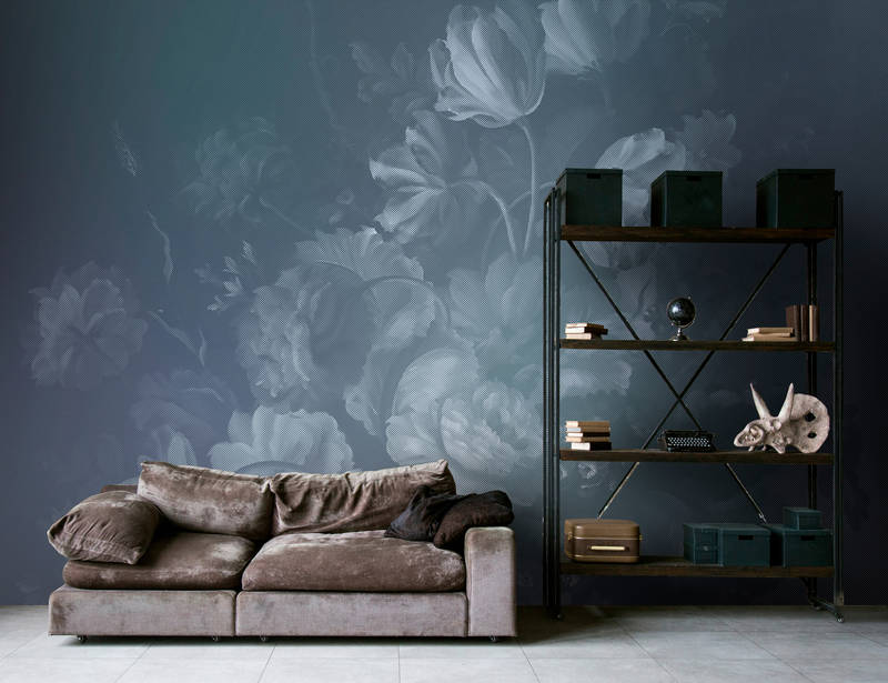            Hollandse pastel 1 - Digital behang met artistiek rozenmotief - Blauw | Matte gladde vlieseline
        