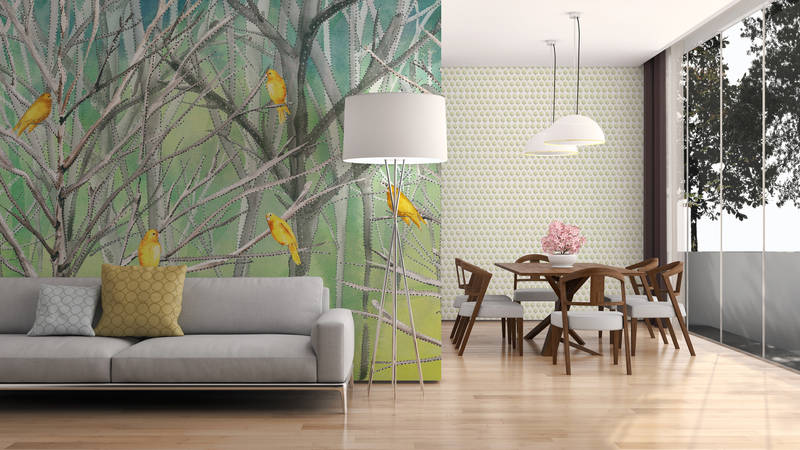             Forest mural with birds in blue and yellow on mother of pearl smooth vinyl
        
