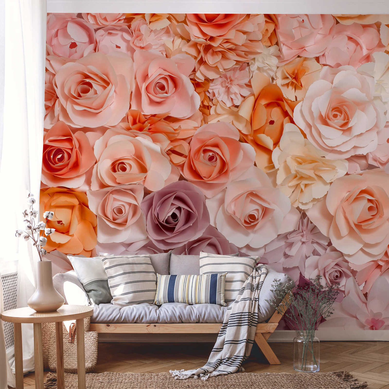            Roses mural 3D floral pattern - pink, white, orange
        