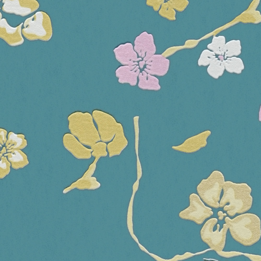             Papier peint fleuri style campagne avec brillance - turquoise, jaune, rose
        