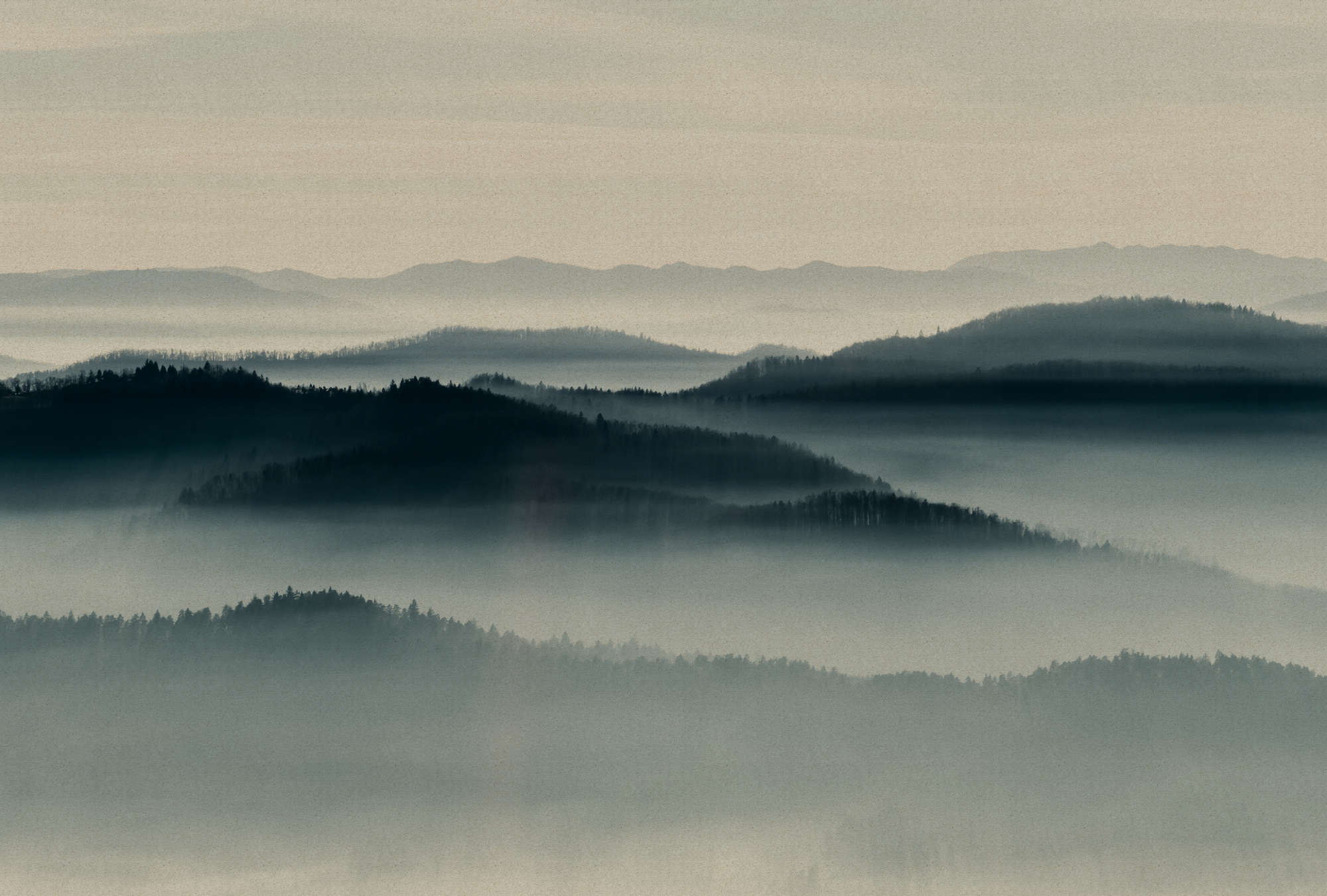             Horizon 1 - Carta da parati paesaggio nebbia, linea cielo natura in texture cartone - Beige, Blu | Materiali non tessuto liscio perla
        