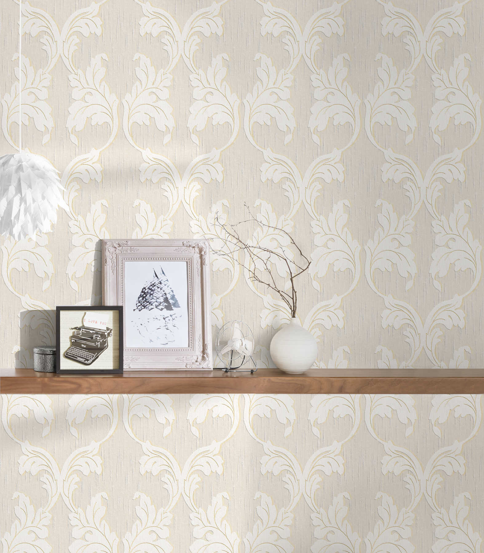             Premium textile wallpaper with ornament vines - beige, cream, gold
        