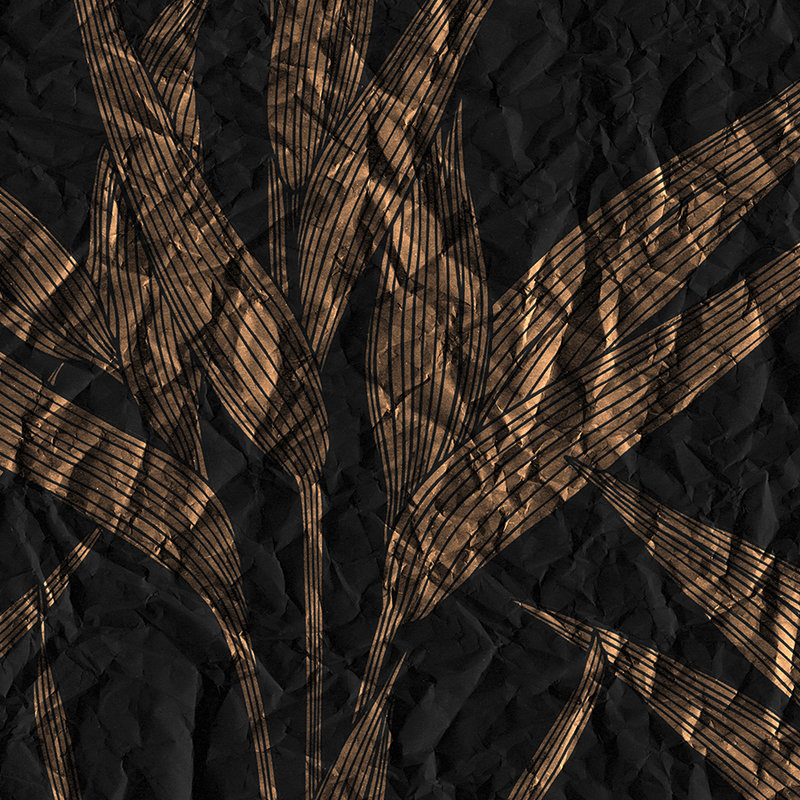 Donker behang met bladmotief en papierlook - Bruin, Zwart
