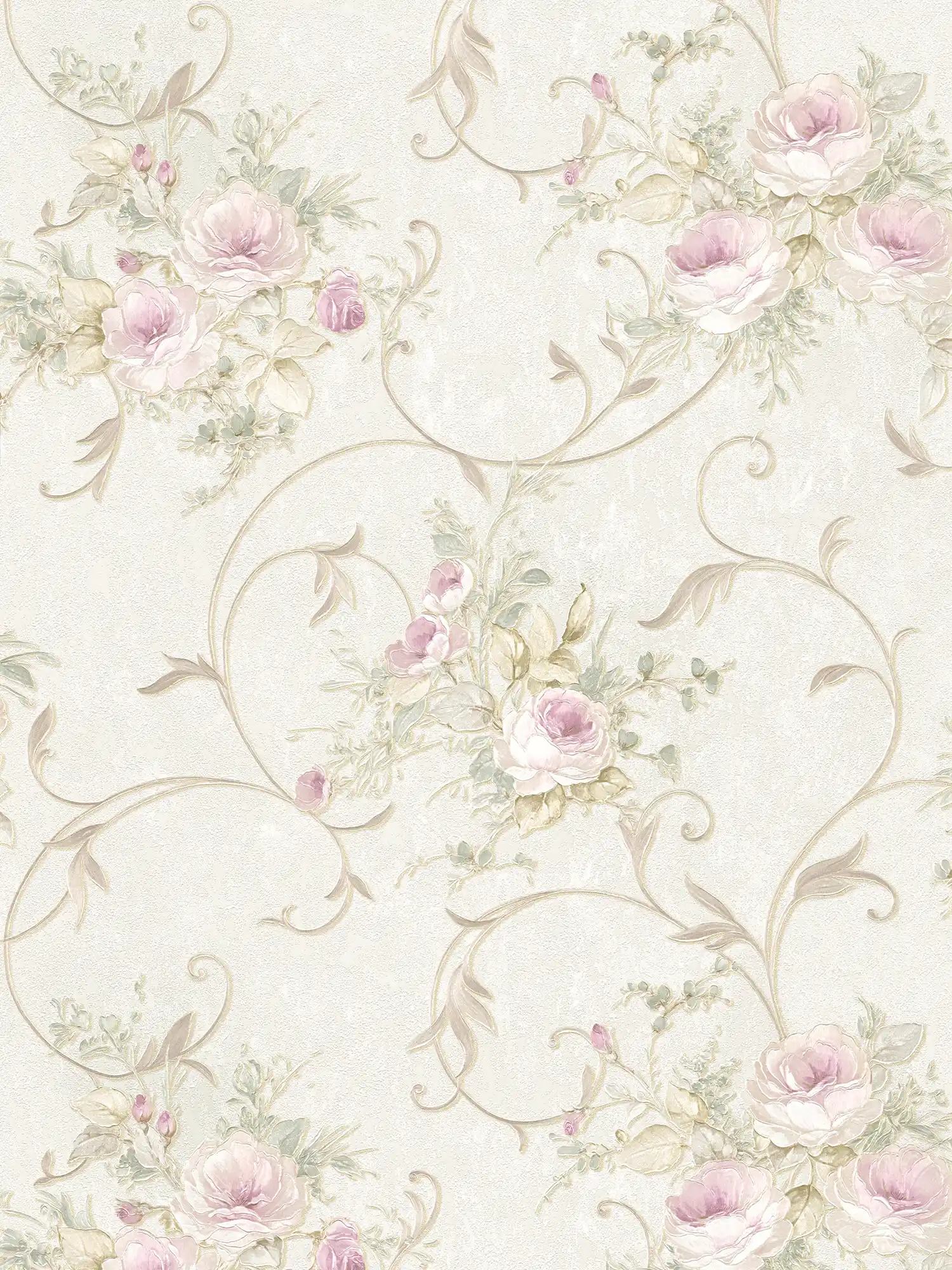 Rose wallpaper with metallic colours & tendril pattern - cream, green, pink

