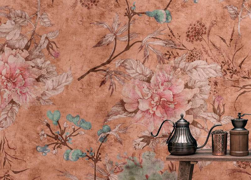            Tenderblossom 3 - vintage style floral pattern digital print wallpaper - pink, red | texture non-woven
        