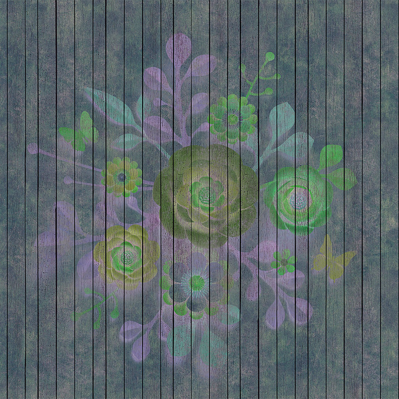 Sproeiboeket 2 - Digital behang in houten paneelstructuur met bloemen op bordwand - Blauw, Groen | Matglanzend vlies
