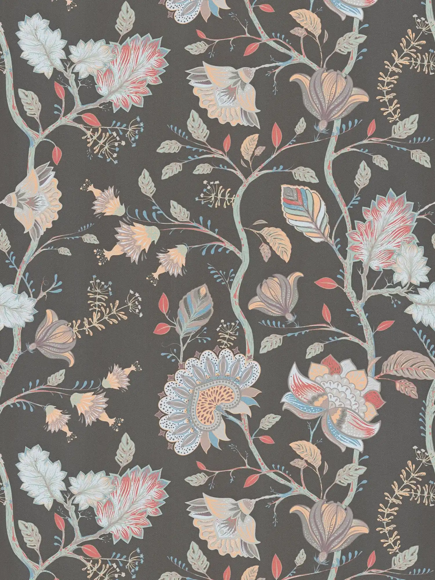 Floral non-woven wallpaper with muted colours - red, green, black
