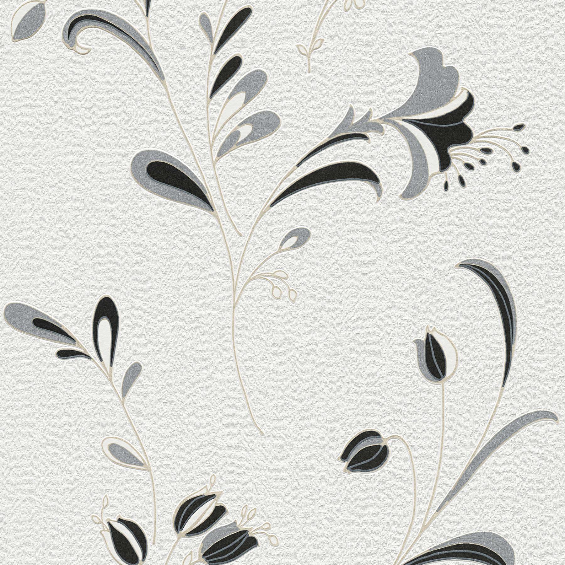 Papel pintado con motivos florales, acentos plateados y textura - negro, blanco, plata
