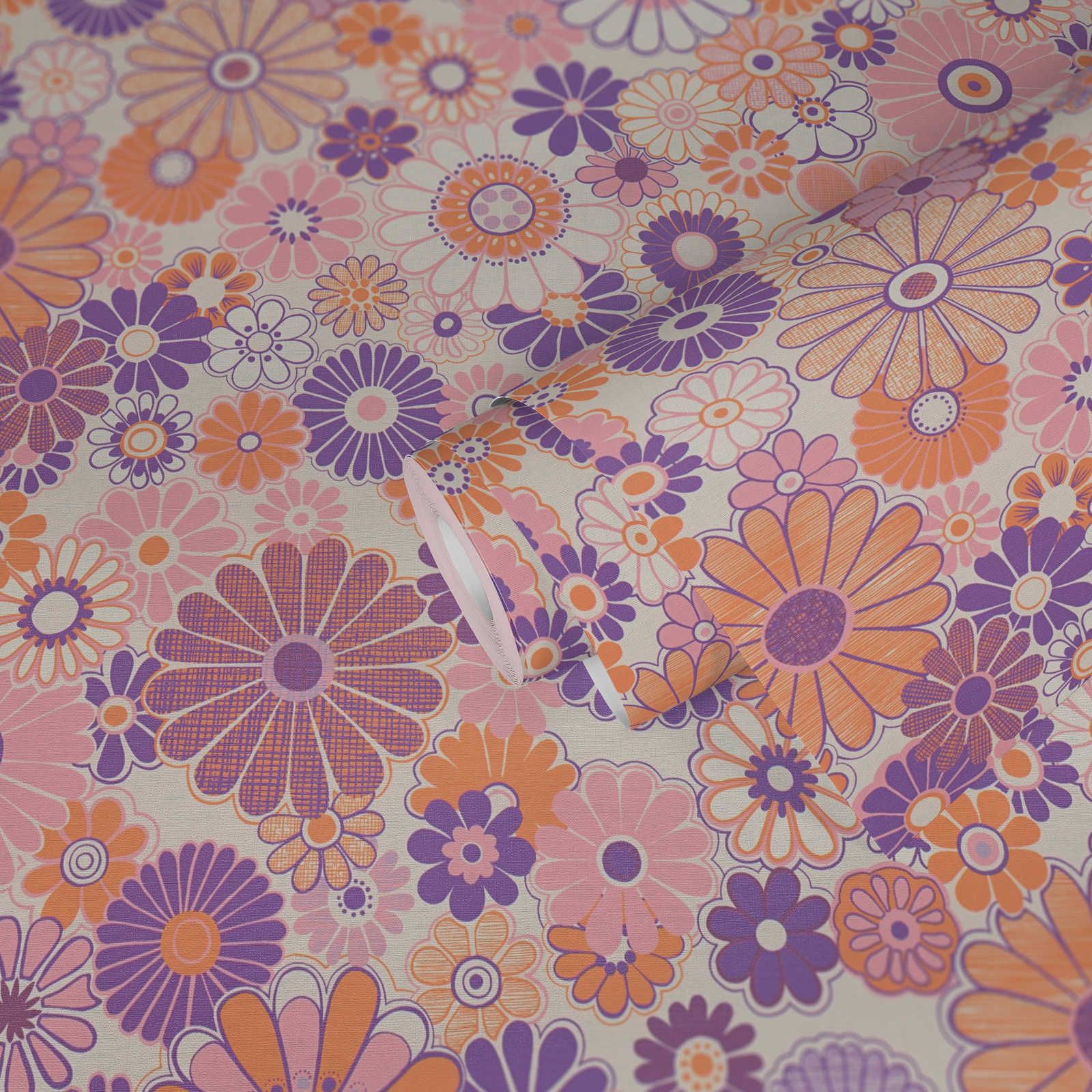             Papel pintado no tejido de textura ligera con motivos florales - morado, naranja, rosa
        