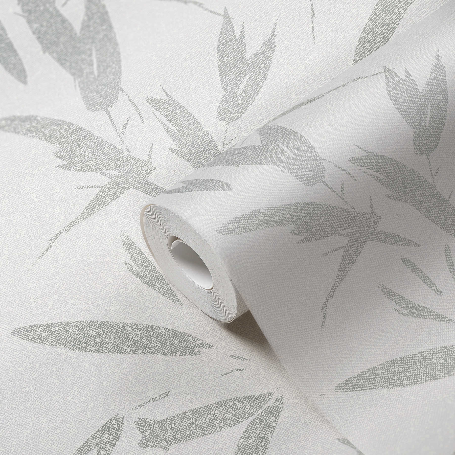             Papel pintado no tejido con motivo de hojas, aspecto textil - blanco, crema, gris
        