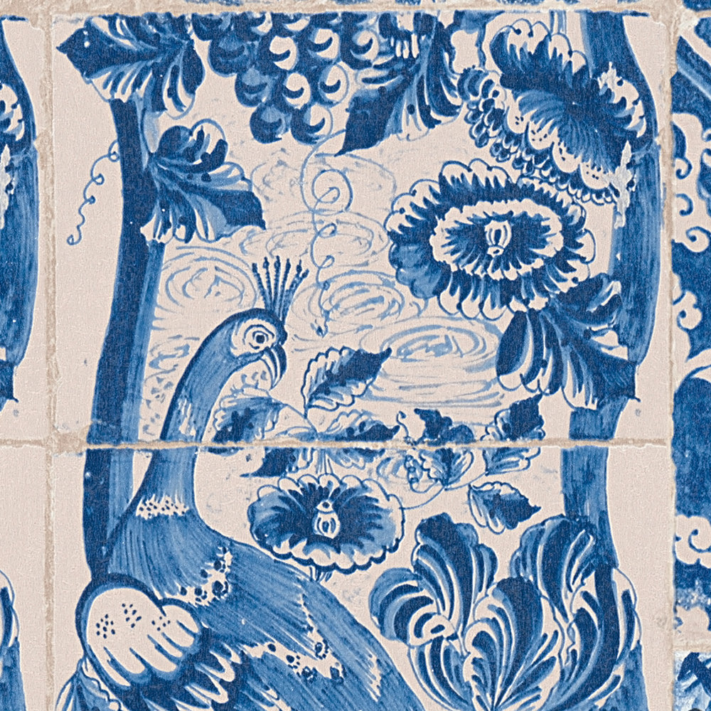             Papel pintado con diseño de azulejos y mosaicos - azul, crema, violeta
        