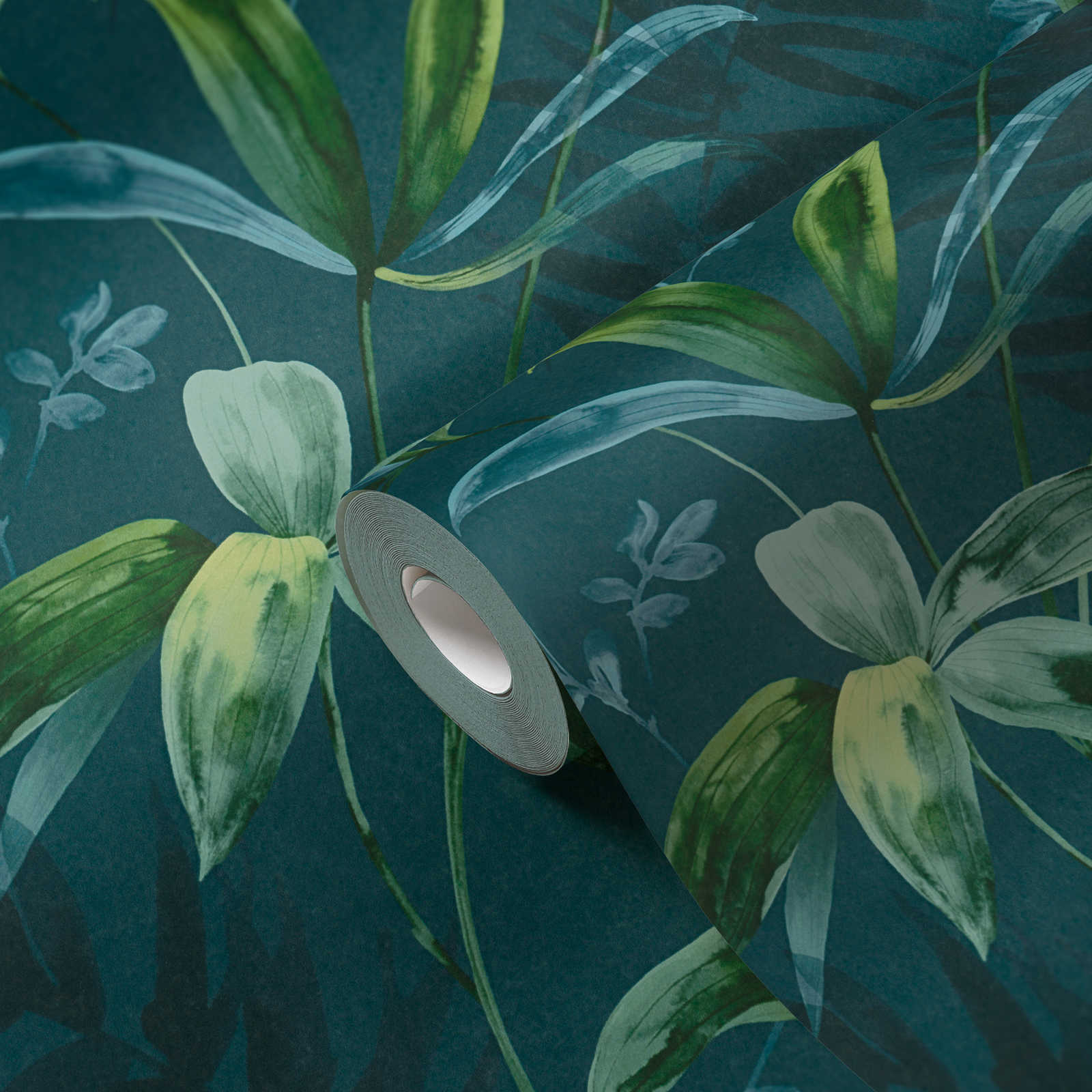             Dark green wallpaper with leaves pattern in watercolour style - blue, green
        