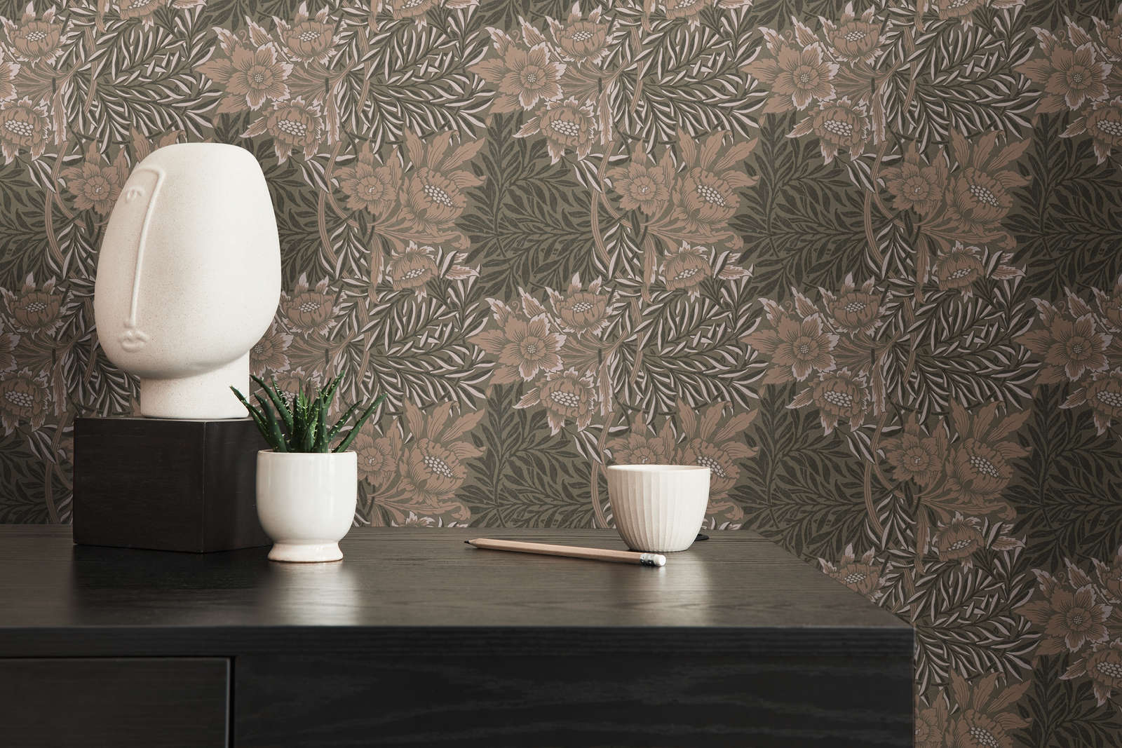             Floral wallpaper with leaf tendrils and flowers - brown, grey, white
        