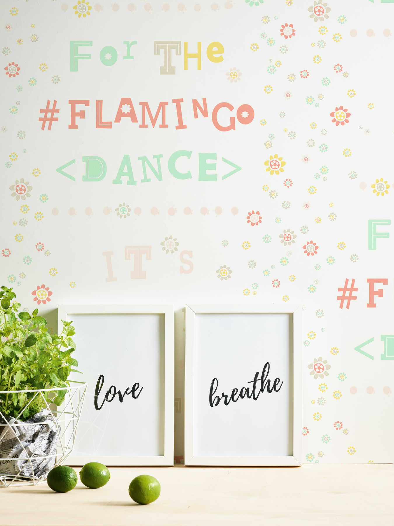             Non-woven wallpaper flamingo & flowers with letter design - multicoloured
        