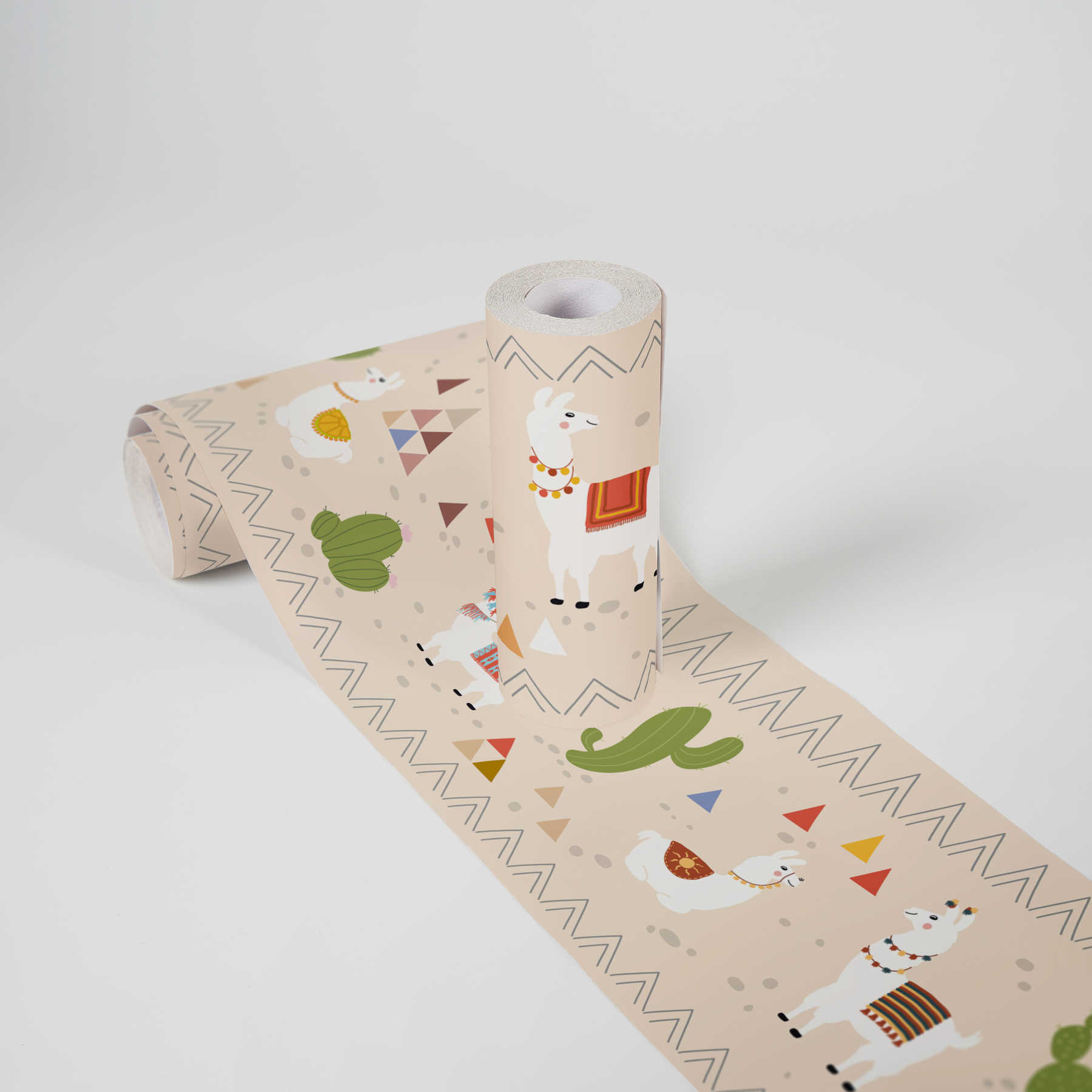             Exciting children border "Llamas in their home" - Beige, Green, Red
        
