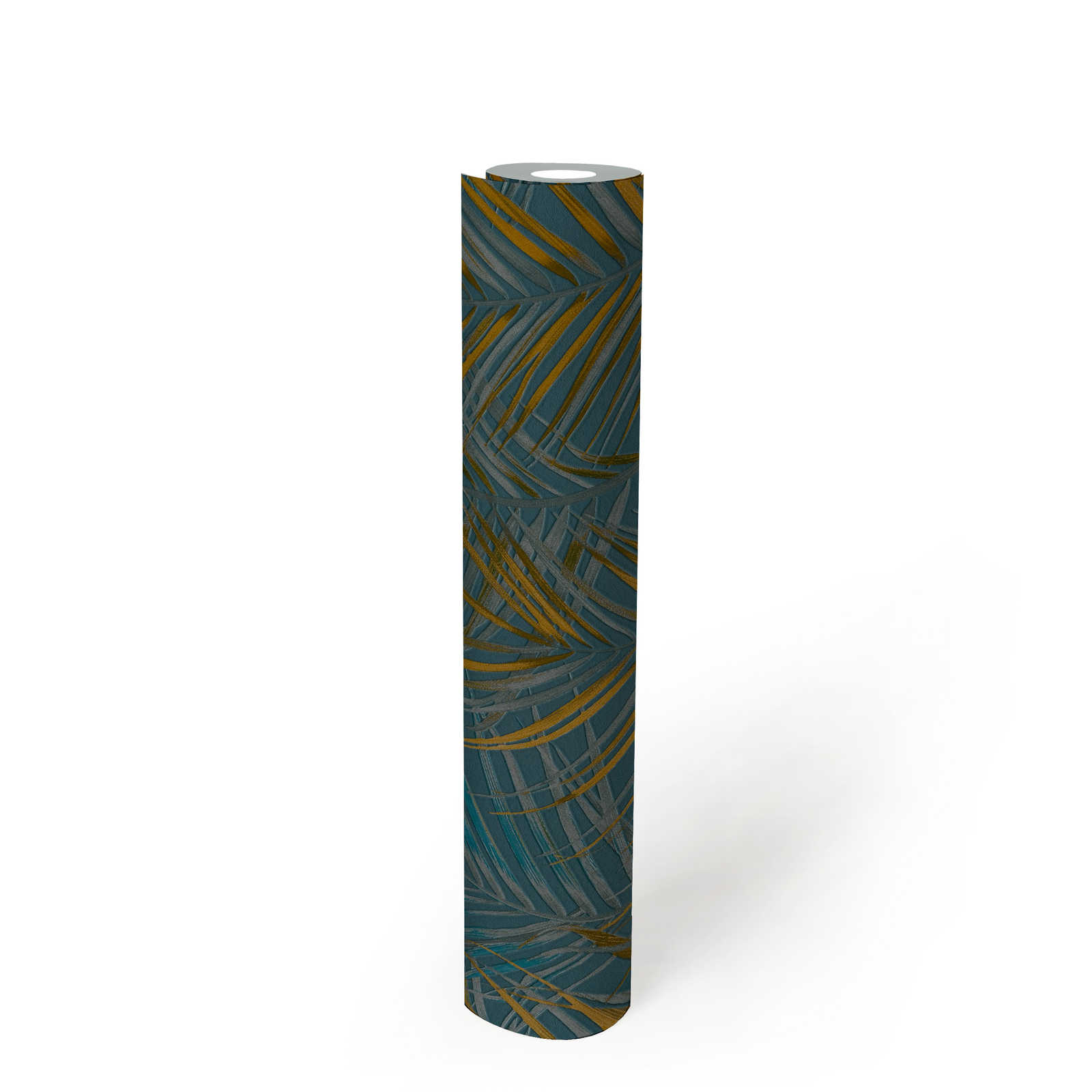             Papier peint motif jungle avec feuilles de palmier - bleu, jaune, pétrole
        