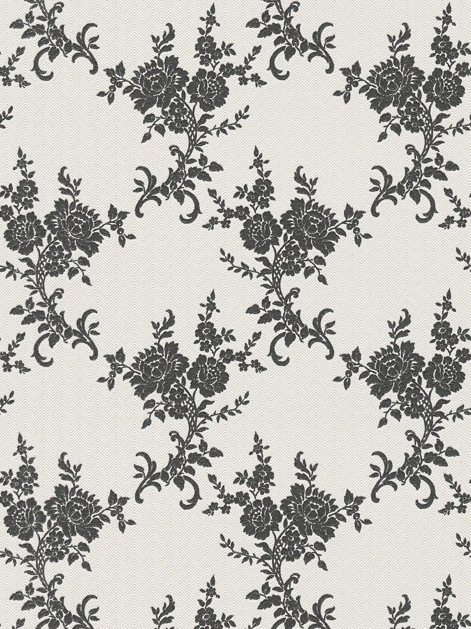 Papierbehang bloemornamenten & chevron patroon - zwart, wit, zilver
