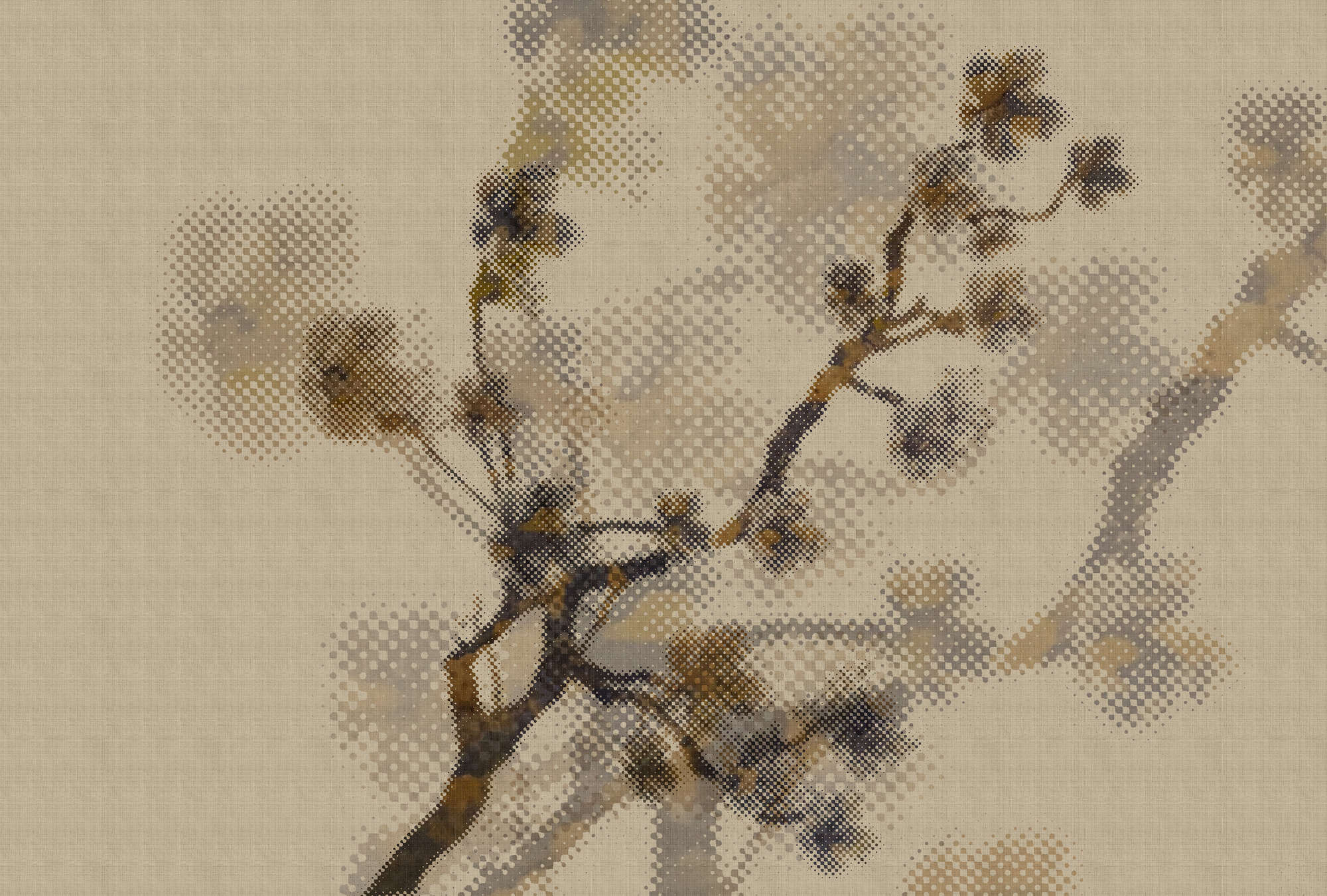             Twigs 2 - Papier peint texture lin naturel avec motif de branches & pixel design - Beige | Nacré intissé lisse
        
