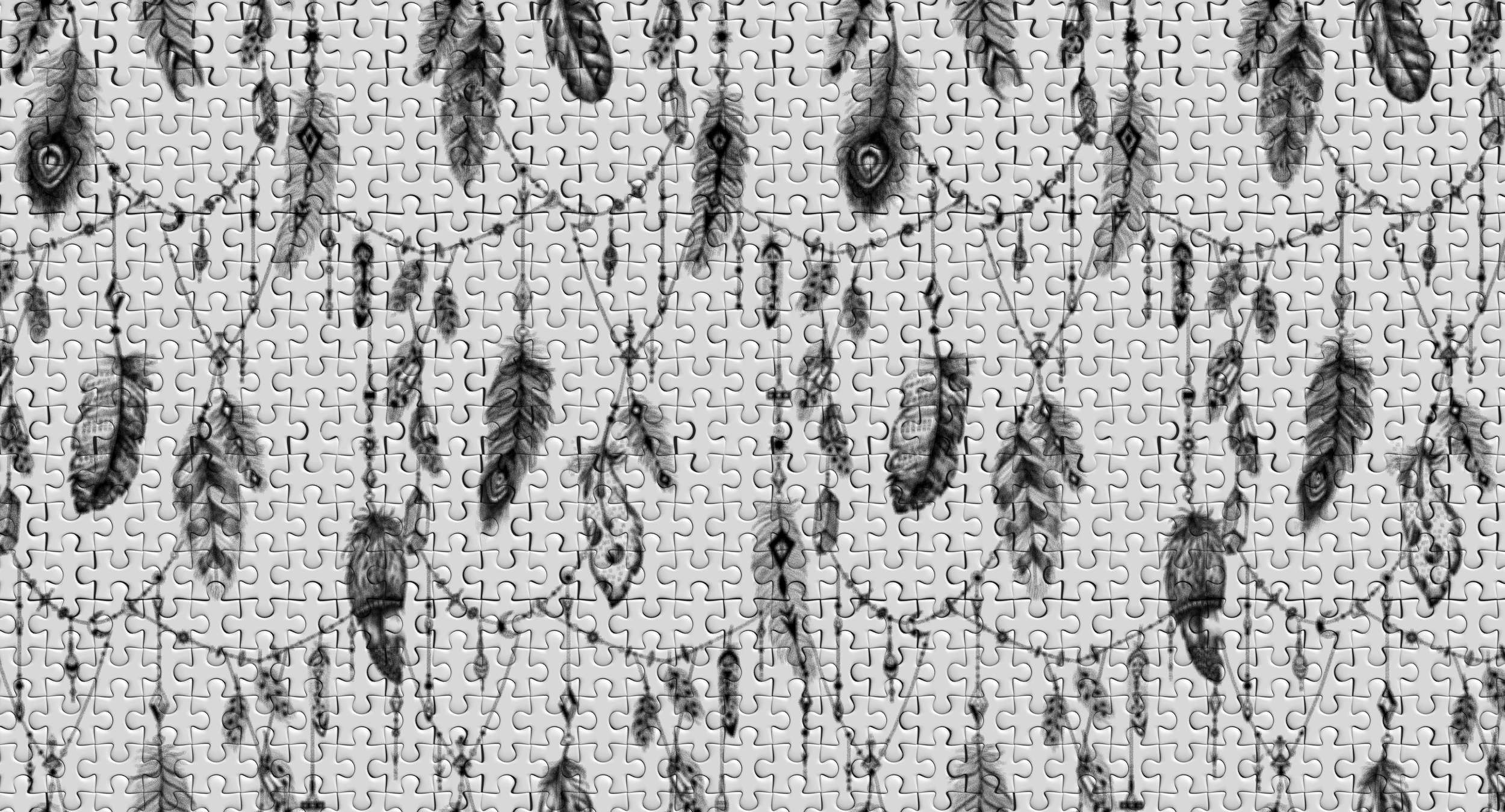             Papier peint panoramique boho plumes & puzzle en noir et blanc - noir, gris, blanc
        