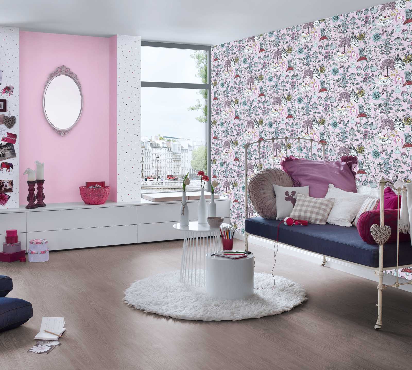             Papel pintado bosque habitación infantil hadas y animales - rosa, negro, blanco
        