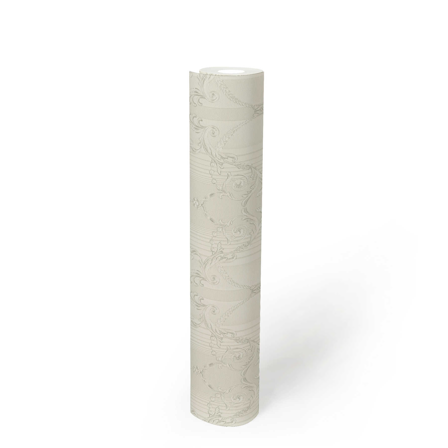             Papier peint néobaroque avec motif ornemental & effet métallique - métallique, blanc
        