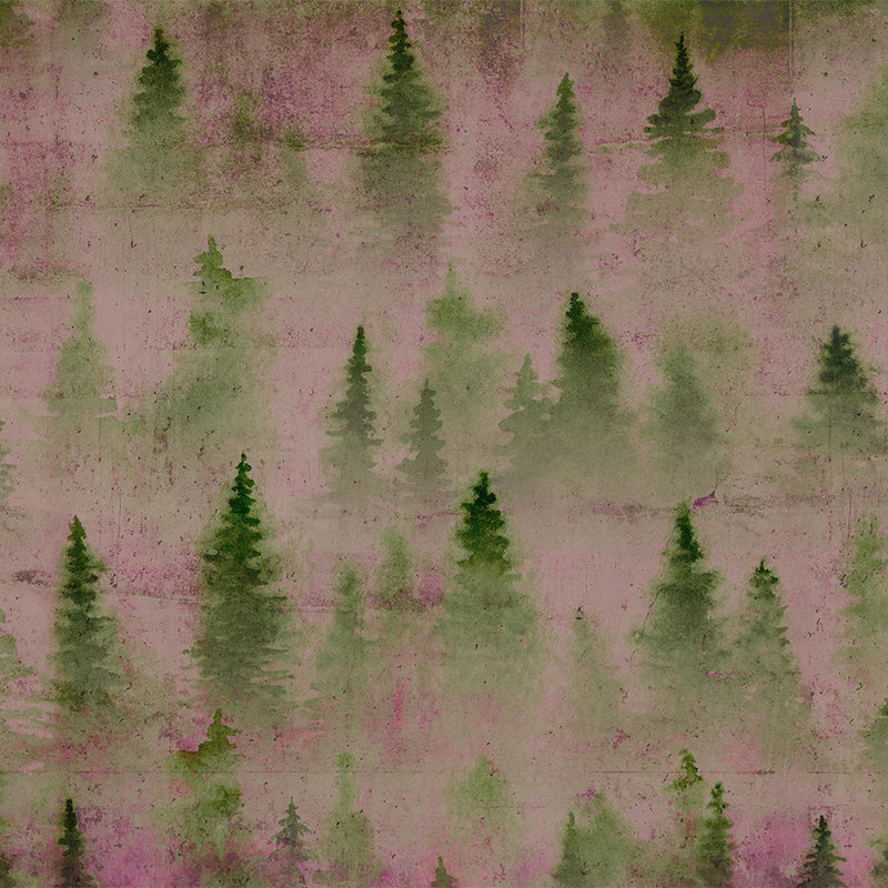         Photo wallpaper concrete with forest fashion & used look - green, purple, pink
    