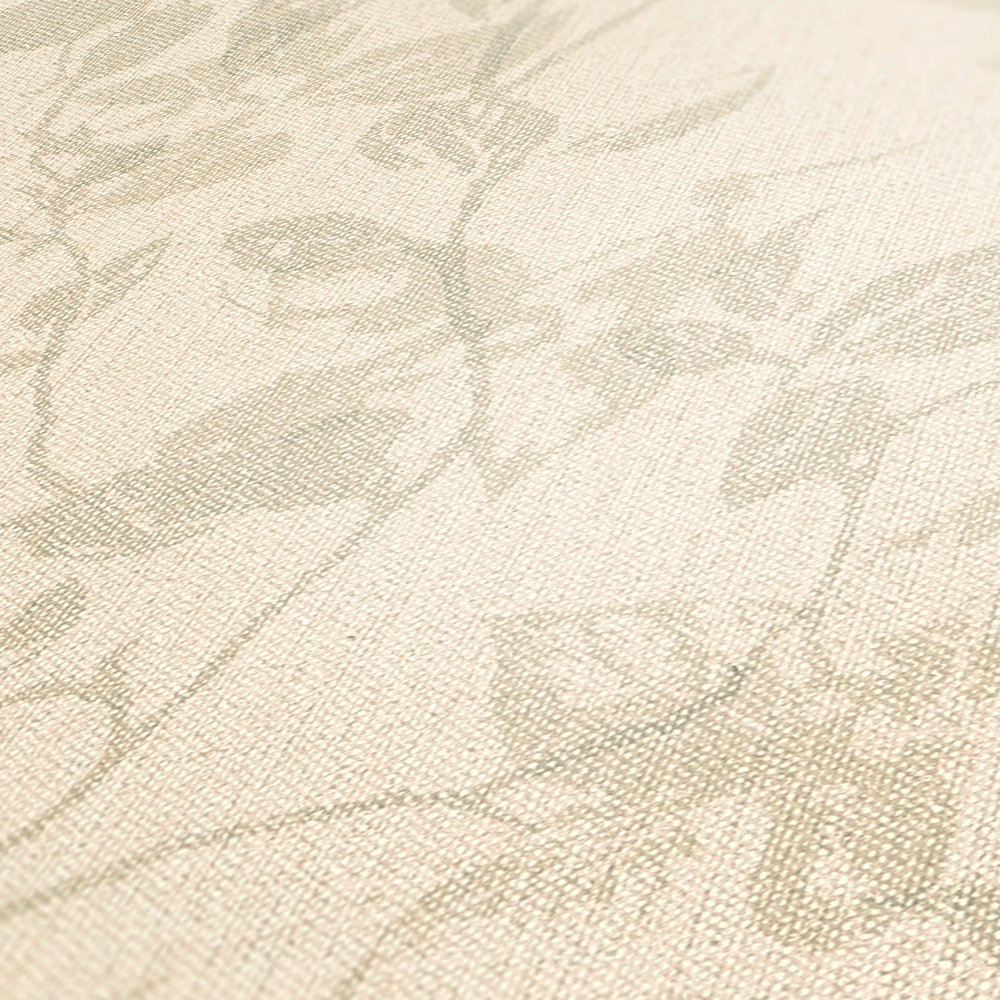             Papier peint aspect lin avec motif de feuilles dans le style maison de campagne - beige
        