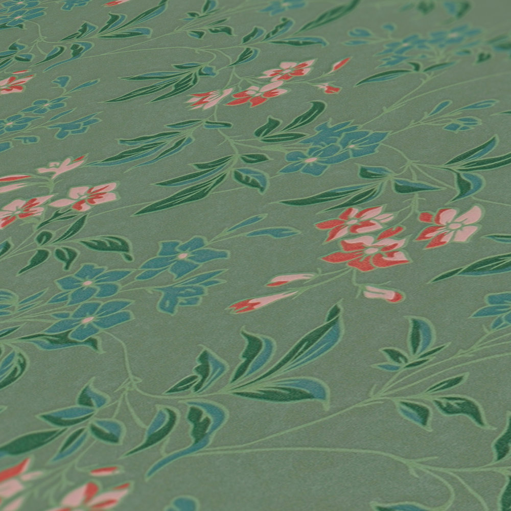             Papier peint fleuri avec fleurs et rinceaux - vert, orange, rose
        