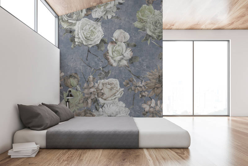             Sleeping Beauty 3 - Rozenbehang in vintage used look - natuurlijke linnenstructuur - blauw, wit | structuurvlies
        
