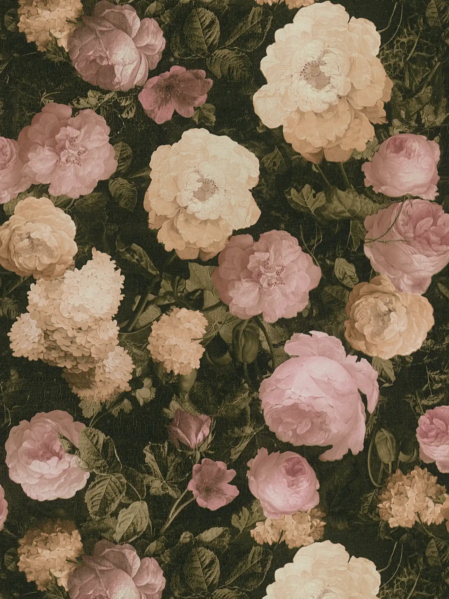 Papier peint Fleurs de roses, buissons et arbustes - rose, crème, vert
