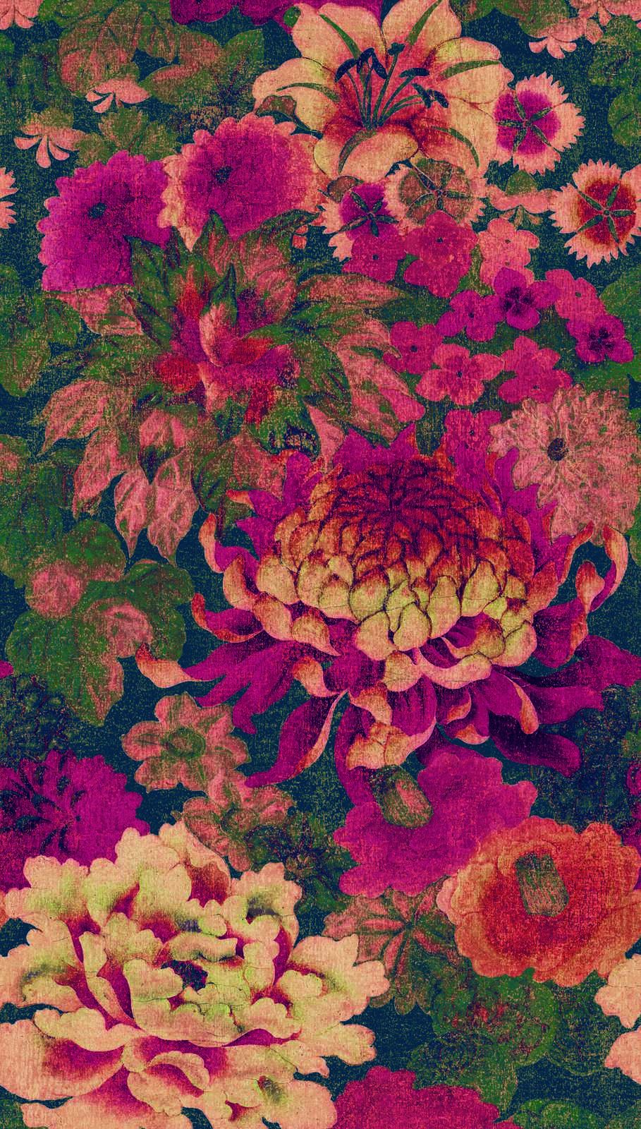             Papier peint fleuri avec différentes fleurs style vintage - rouge, vert
        