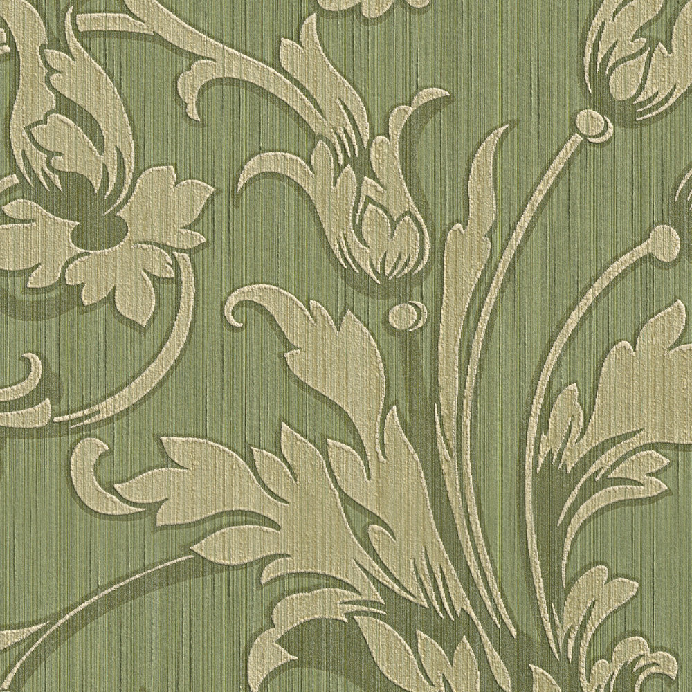             Non-woven wallpaper floral ornaments with texture effect - green
        