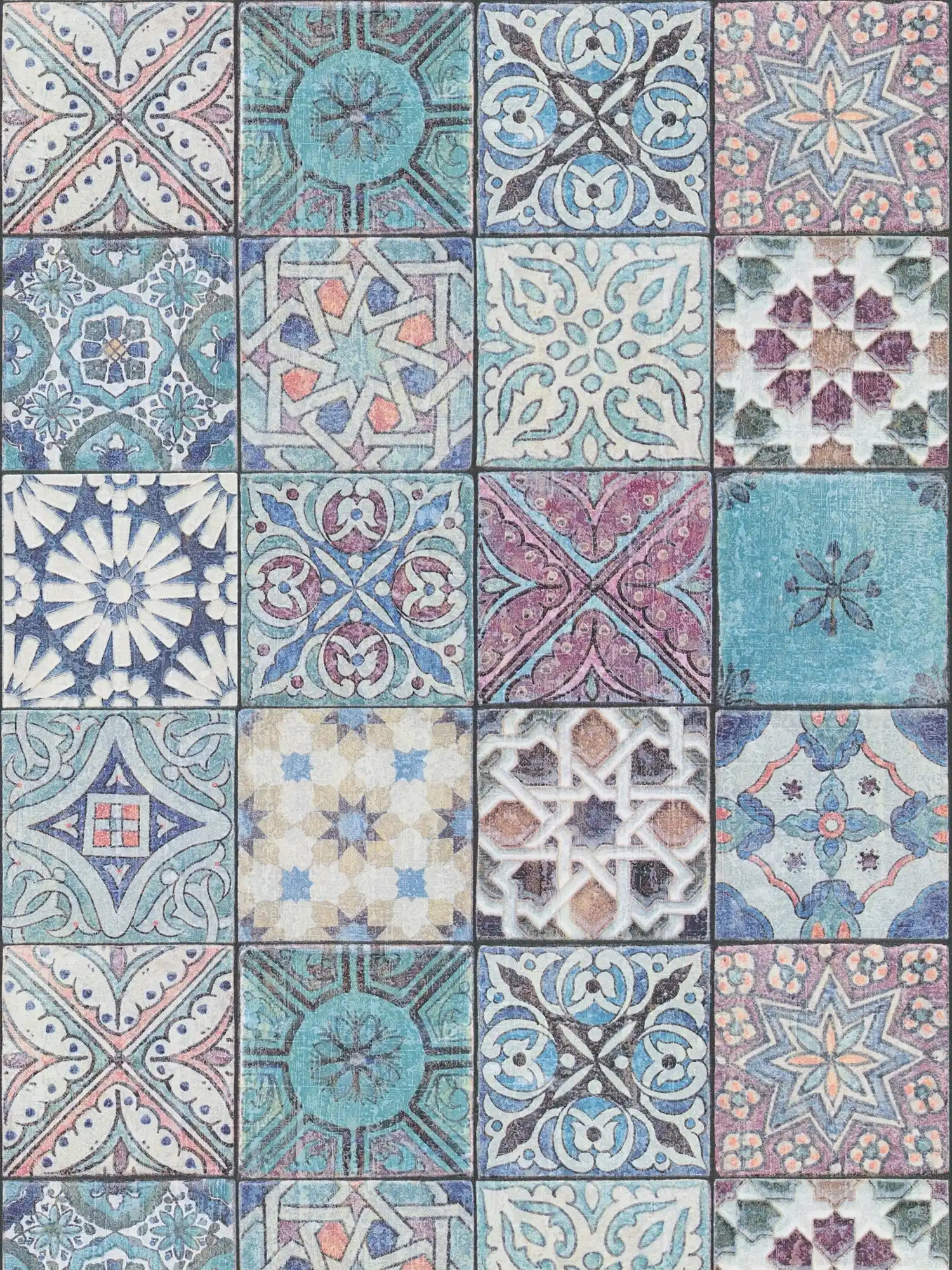 Self-adhesive tile wallpaper vintage mosaic pattern - colourful, blue, purple
