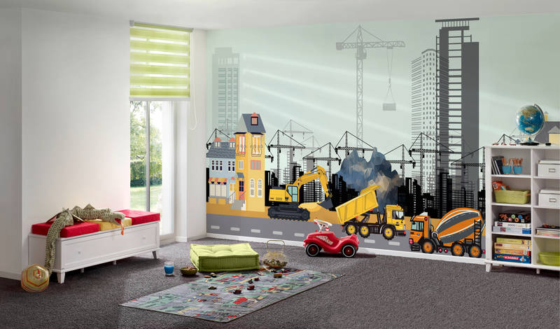             City mural dump truck on road with skyline in the background on premium smooth non-woven
        