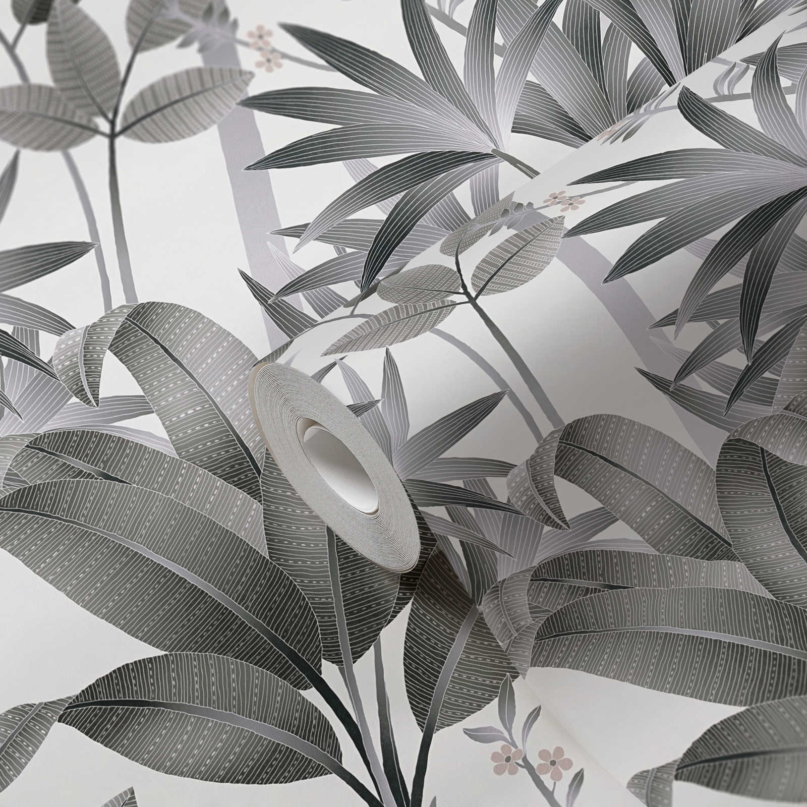             Floral non-woven wallpaper with leaf pattern - grey, black, white
        