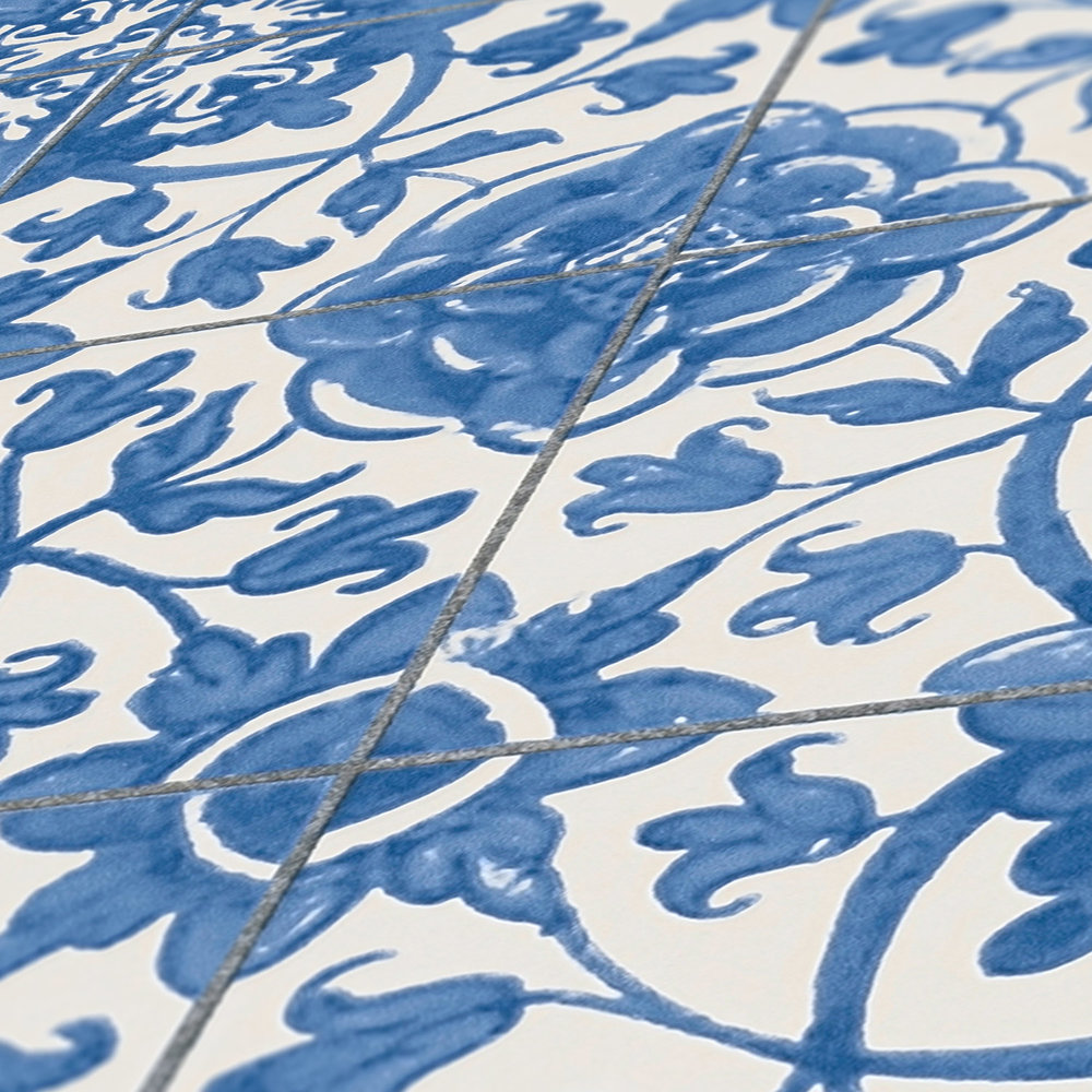             Zelfklevend behangpapier | Vintag style tile look - blauw, wit
        