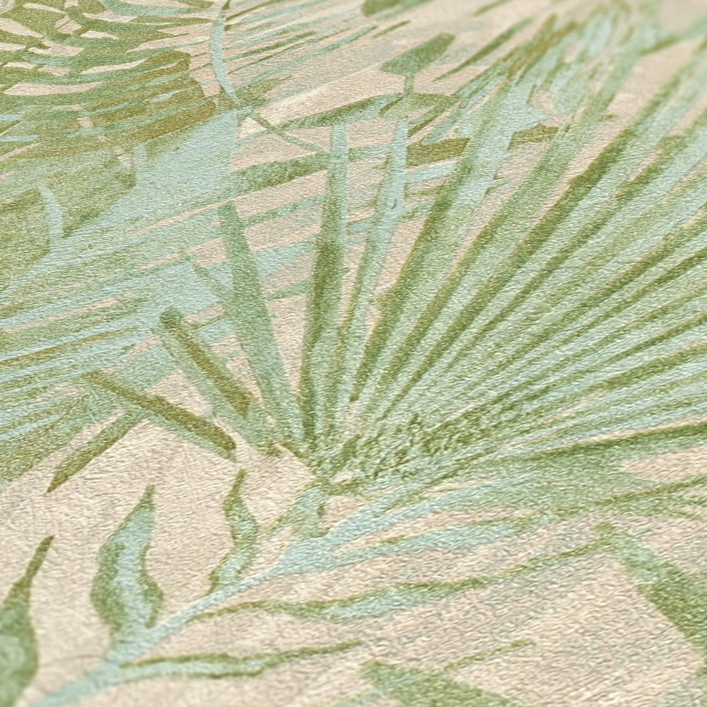             Papier peint intissé avec feuilles de jungle sans PVC - vert, beige
        