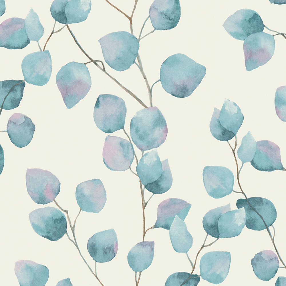             Carta da parati in tessuto non tessuto a forma di viticci di foglie in stile acquerello - blu, bianco
        