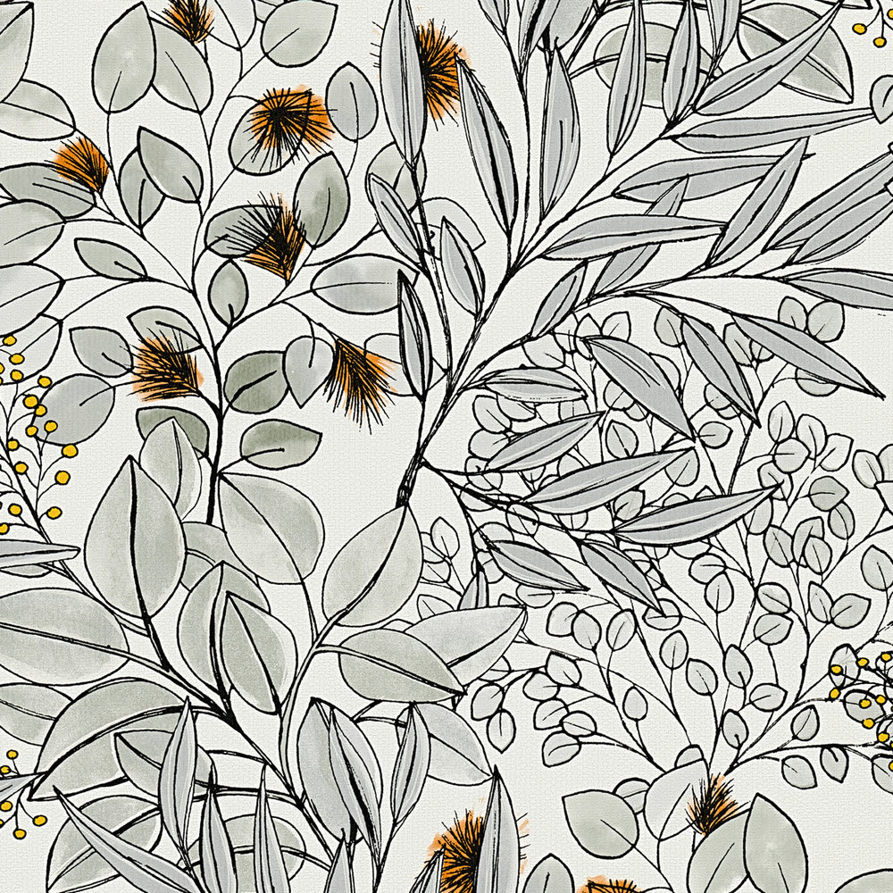             Drawing style leaf motif wallpaper - grey, orange, white
        