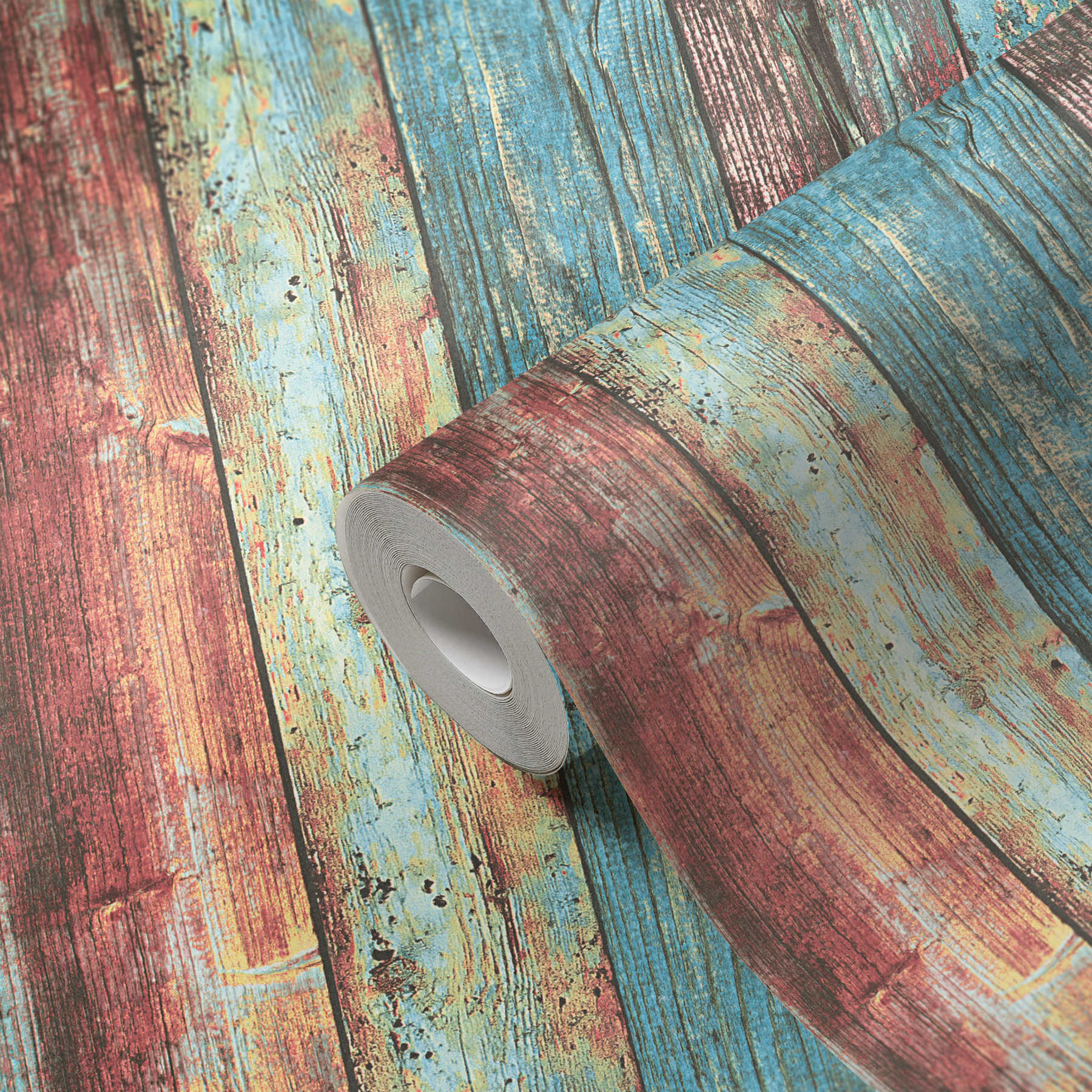             Papier peint bois coloré style shabby chic avec motif de planches - bleu, rouge, marron
        
