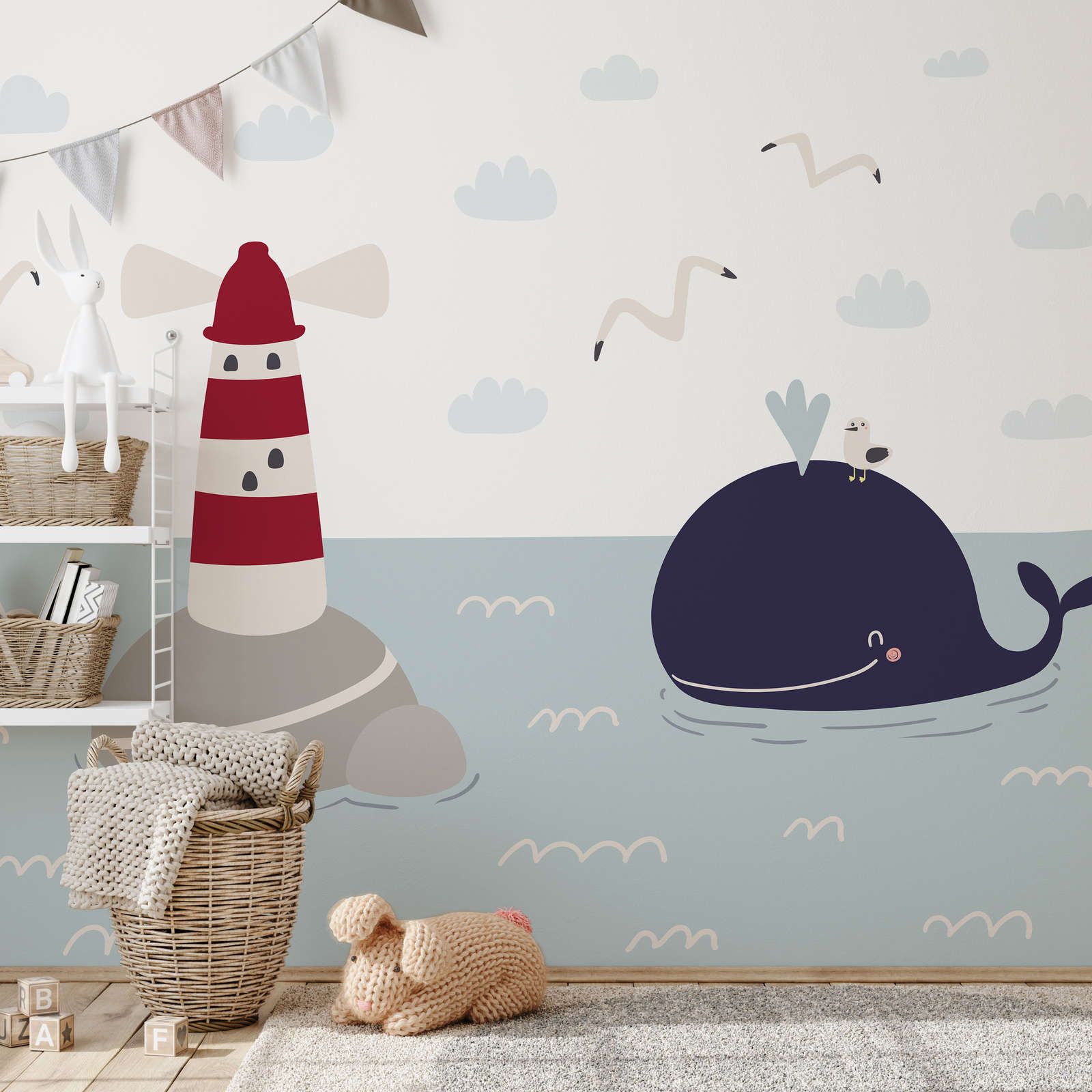             Papel pintado fotográfico para habitación infantil con faro y ballena - Material sin tejer liso y ligeramente brillante
        
