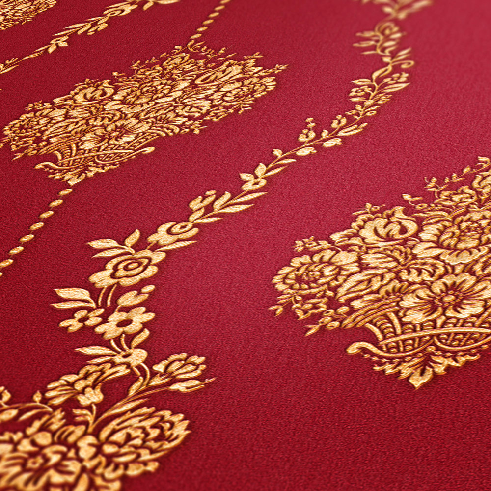             Papel pintado ornamental clásico con efecto dorado - metálico, rojo
        