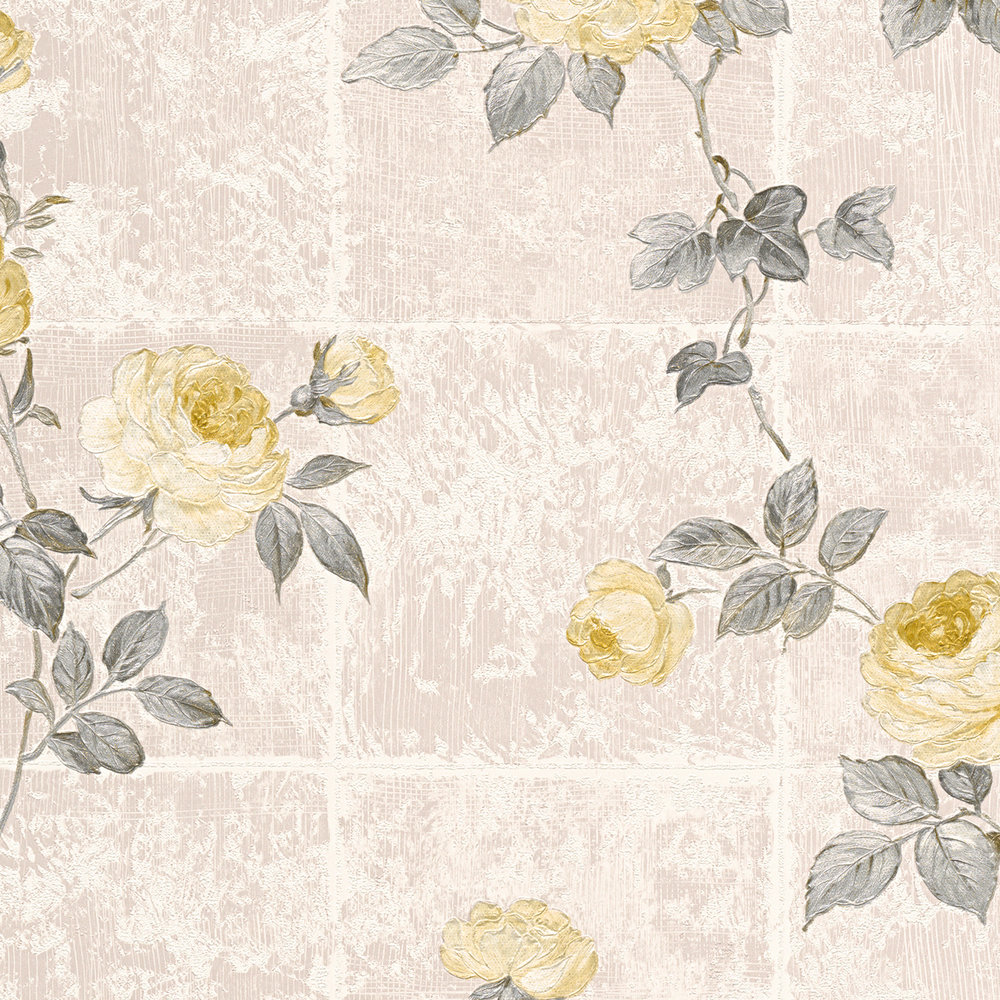             Papel pintado de estilo rústico con motivos de azulejos y rosas - amarillo, beige
        