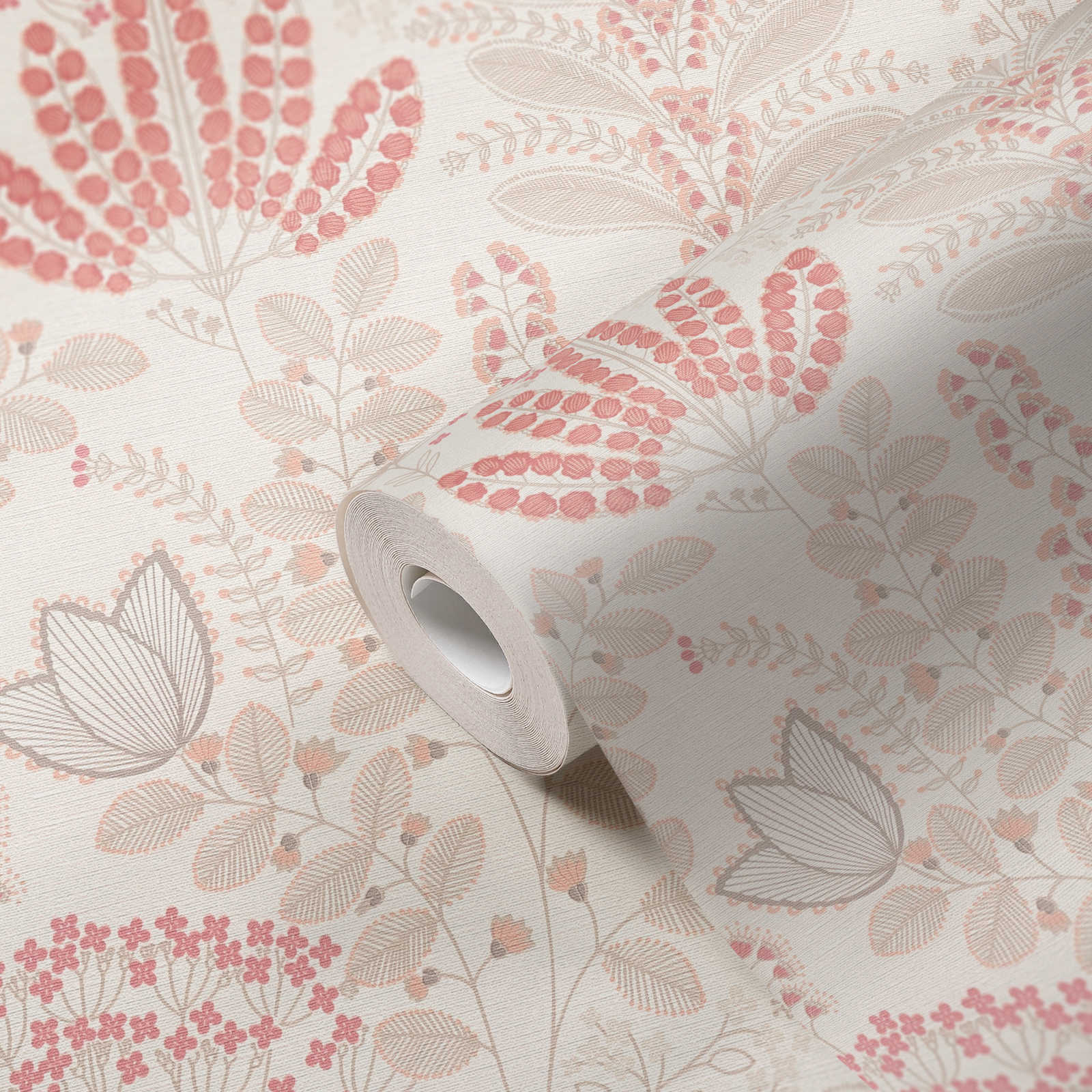             Floral wallpaper with leaves in retro design lightly textured, matt - white, taupe, pink
        